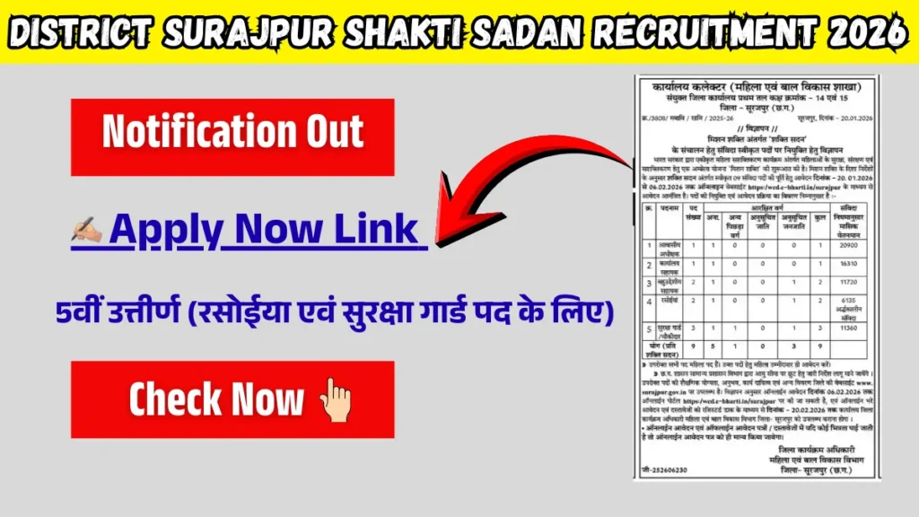 District Surajpur Shakti Sadan Recruitment 2026: महिला एवं बाल विकास विभाग छत्तीसगढ़ द्वारा भर्ती का नोटिफिकेशन जारी